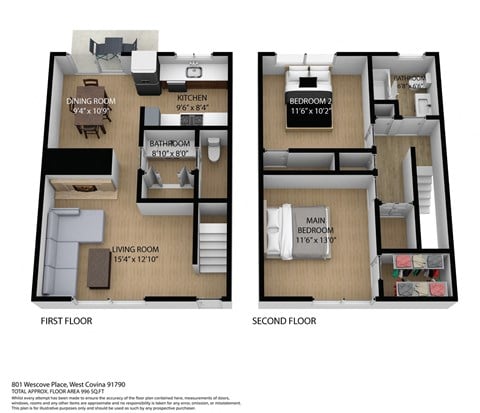 Floor plan for 2 beds, 1.5 baths, 1000 sqft
